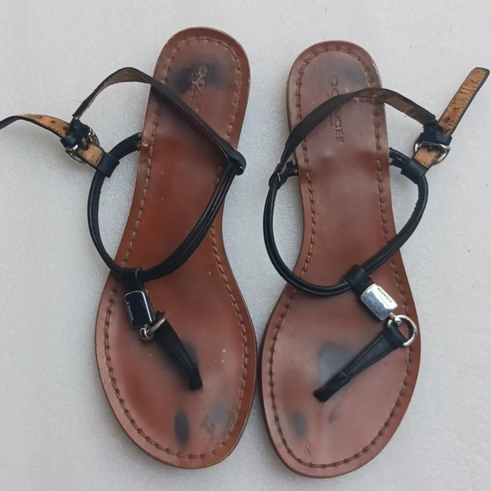 COACH CHARLEEN Black Leather Sandals with Silver Accents